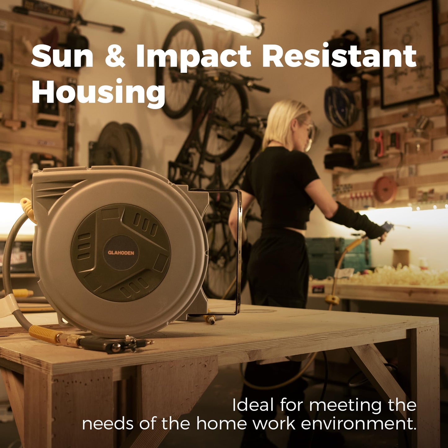 GLAHODEN Enclosed Retractable Air Hose Reel, 3/8 in x 50 Ft Hybrid Hose Air Compressor Hose Reel with 5 Ft Lead in Max 300 PSI Patented Design for Any Length Lock 180°Swivel Bracket Quick Coupler