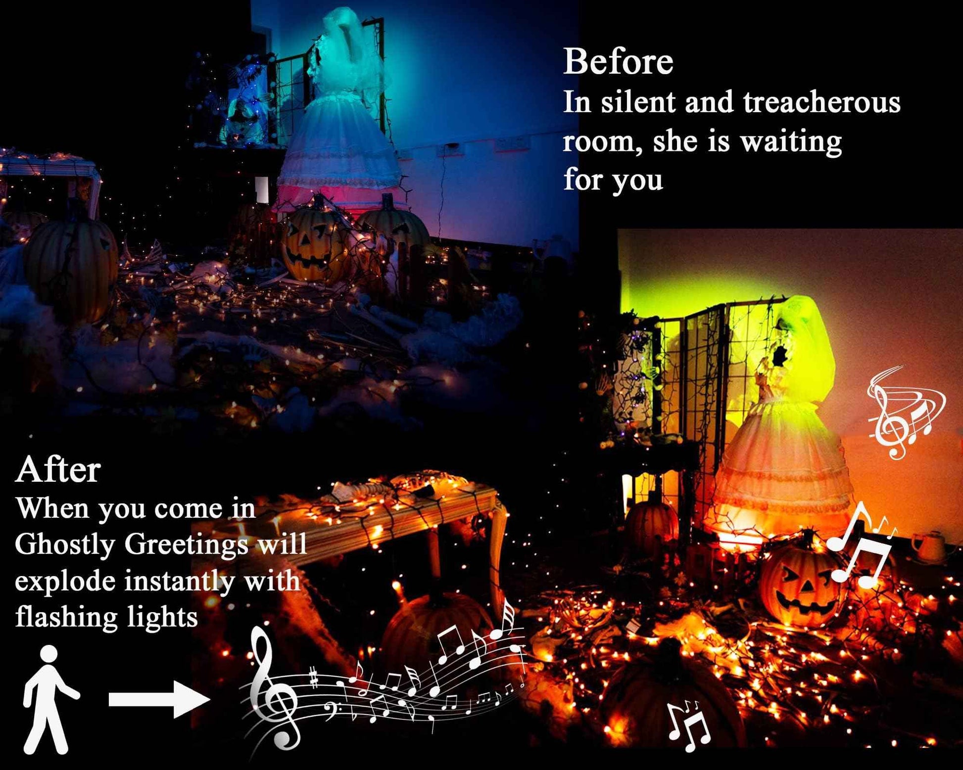 DOTWAYAW 400 LEDs Halloween LED String Lights with Spooky Music and Motion Sensor - Outdoor Waterproof Orange Lights with Sounds for Halloween Thanksgiving and Christmas Decoration