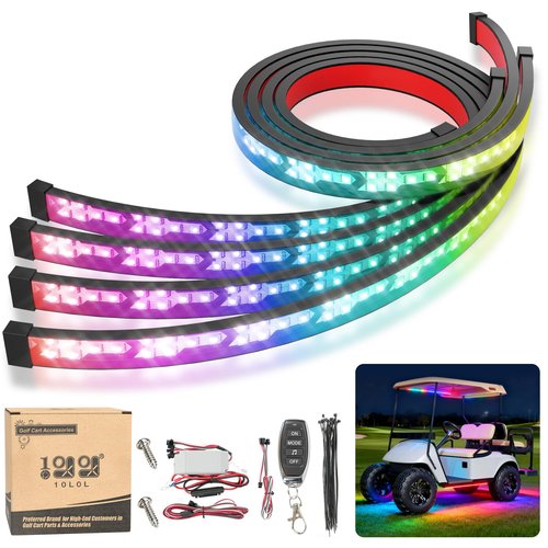 10L0L Golf Cart Underglow LED Light Kit, 4PC Flexible Neon Strip Lights with 14 Modes, Music Sync, Waterproof Remote Control Underbody Glow for EZGO, Club Car, Yamaha
