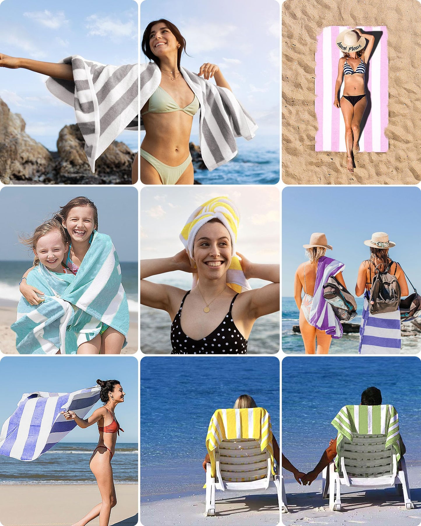WEDPLAN Cotton Oversized Beach Towel - 40 x70 Inch Extra Large Striped Pool Towel, Big Soft Terry Cloth Beige Cabana Swim Towel