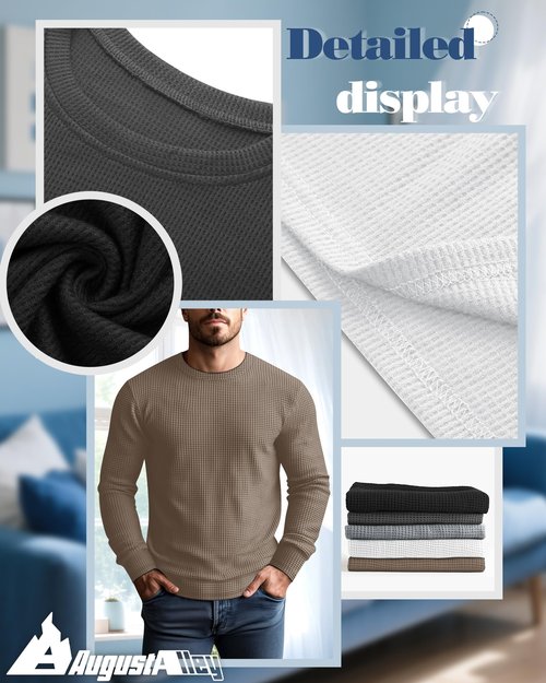 August Alley 5 Pack Thermal Waffle Shirts for Men, Crew Neck Long Sleeve Casual Pullover Underwear Textured Knit Tops(Black, Dark Gray, Gray, White, Coffee,Large)