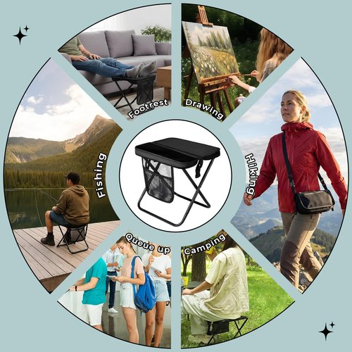 ABUUL Portable Collapsible Stool - Folding Chair with Storage Pouch, Convertible Satchel for Hands-Free Carry & Supports 265Lbs, Ultralight for Hiking, Fishing, Camping, Festivals (Black)