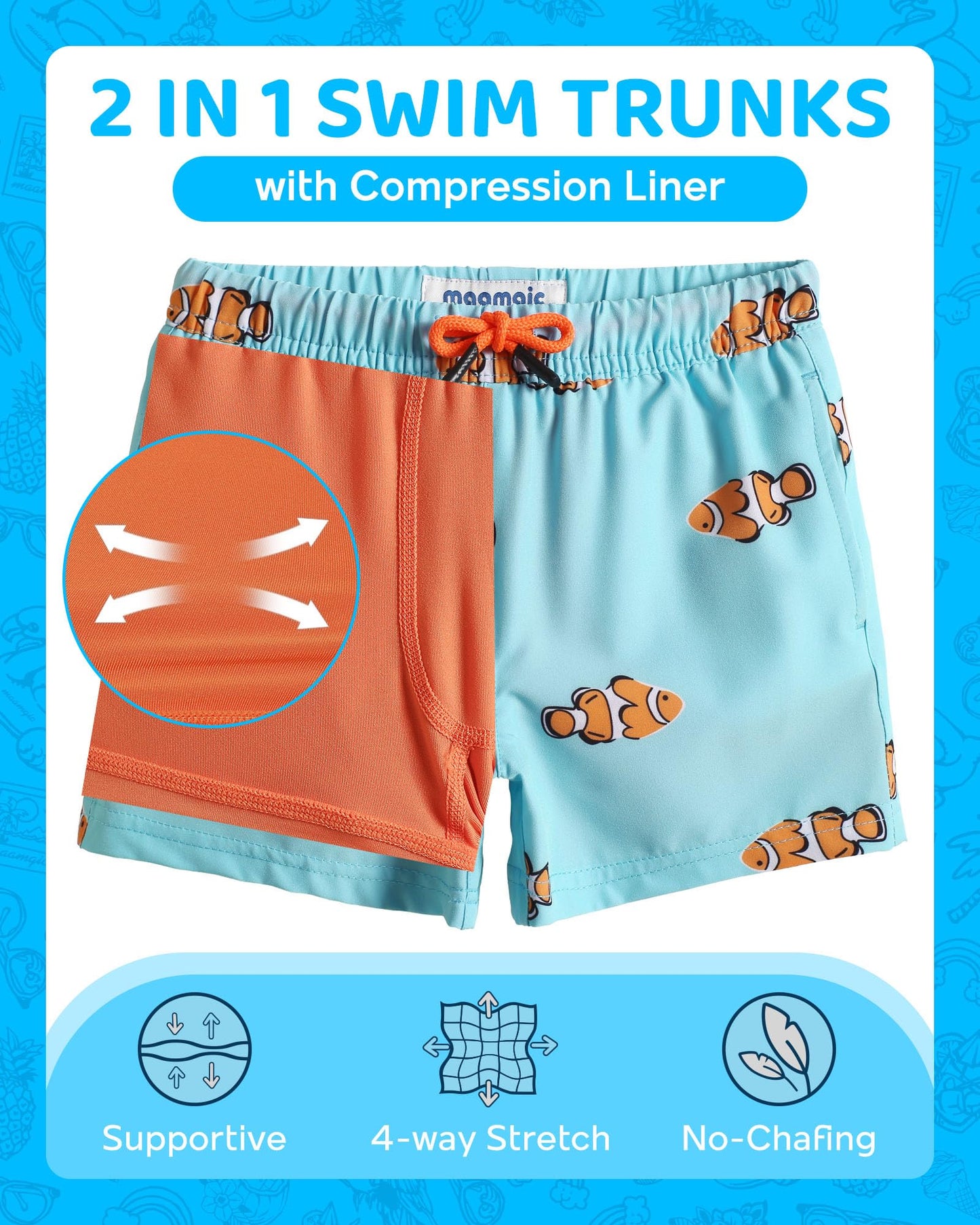 maamgic Boys Swim Trunks with Compression Liner Toddler Boy Swimsuit Quick Dry 4-Way Stretch Swimming Trunks Fish Baby Blue 14-16 Years