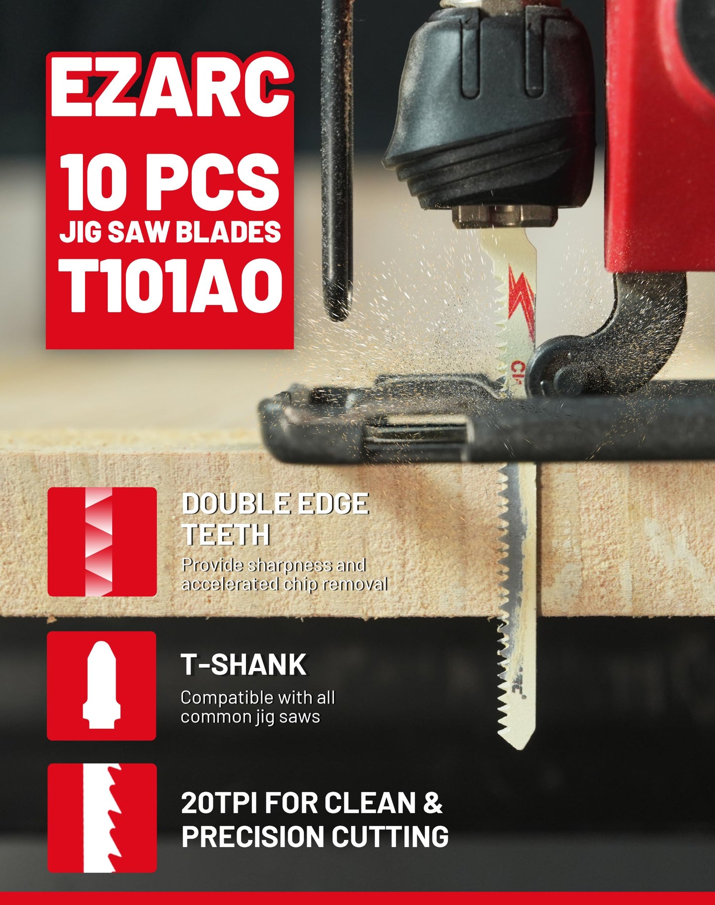 EZARC 10PCS Jigsaw Blades T101AO Jig Saw Blades Set for Wood Clean and Precision Cutting Assorted T-Shank Replacement 20 TPI Curved & Scrolling Cutting