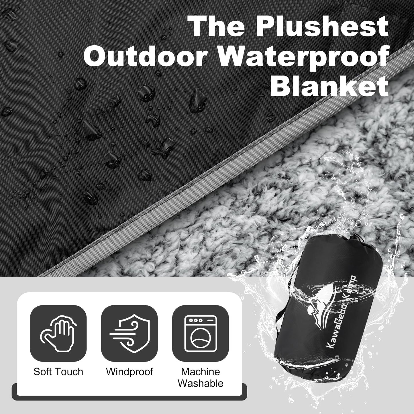 KawaGebo Kamp Sherpa Warm Outdoor Camping Blanket - Waterproof Stadium Blanket for Cold Weather, Camp, Sports Mom and Concert - Camping Quilt 80" X 58" (Black)
