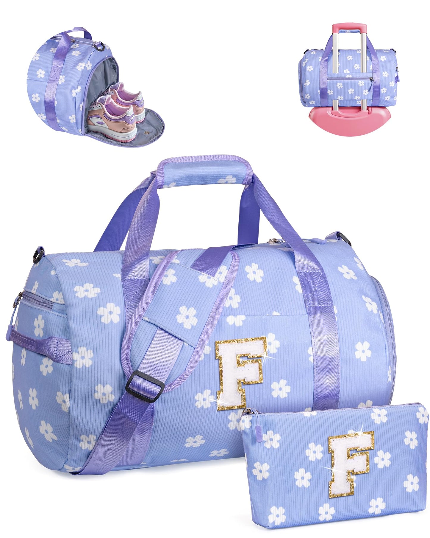 Vogewood Trip Essentials for Girl, Girls Gym Bag, Kids Personalized Dance Bags with Shoe Compartment, Customized Travel Duffle with Toiletry Bag, Cool Stuff for 8 9 10 11 12 Year Old Kid (Letter F)