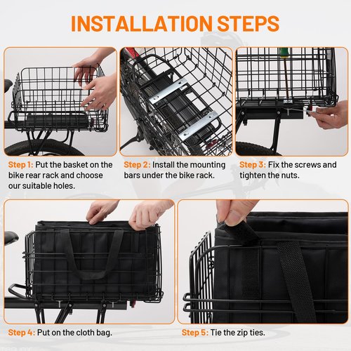 AUMENTAR Bike Basket Rear, Folding Rear Bicycle Basket with Liner Bag, Waterproof Cover & Cargo Net, 56lbs Capacity for Adult Bikes Carrying Dogs, Pets, Fruit & Grocery