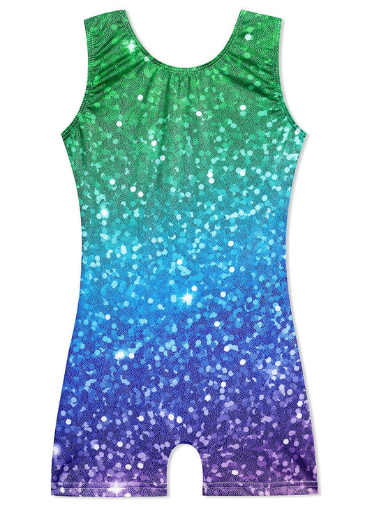 HOZIY Toddler Gymnastics Leotard with Shorts 2t Girls Unitard Tumbling Outfits Dance Biketard Clothes Shiny Sparkly Blue Green Glitter Size 1-2T