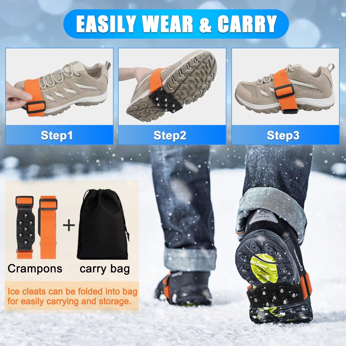 Ice Cleats Snow Traction Cleats for Walking on Snow and Ice Mid-Sole Non-Slip Crampons with Adjustable Straps 7 Tungsten Studs for Grippers Anti Slip Traction Cleats for Walking Jogging Hiking S-1pair