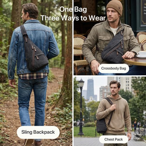 BRASS TACKS Leathercraft Vintage Canvas Sling Bag for Men and Women, 3-in-1 Convertible Crossbody Backpack Chest Bag with Genuine Leather Zipper, Large Capacity Travel Daypack (Gray)