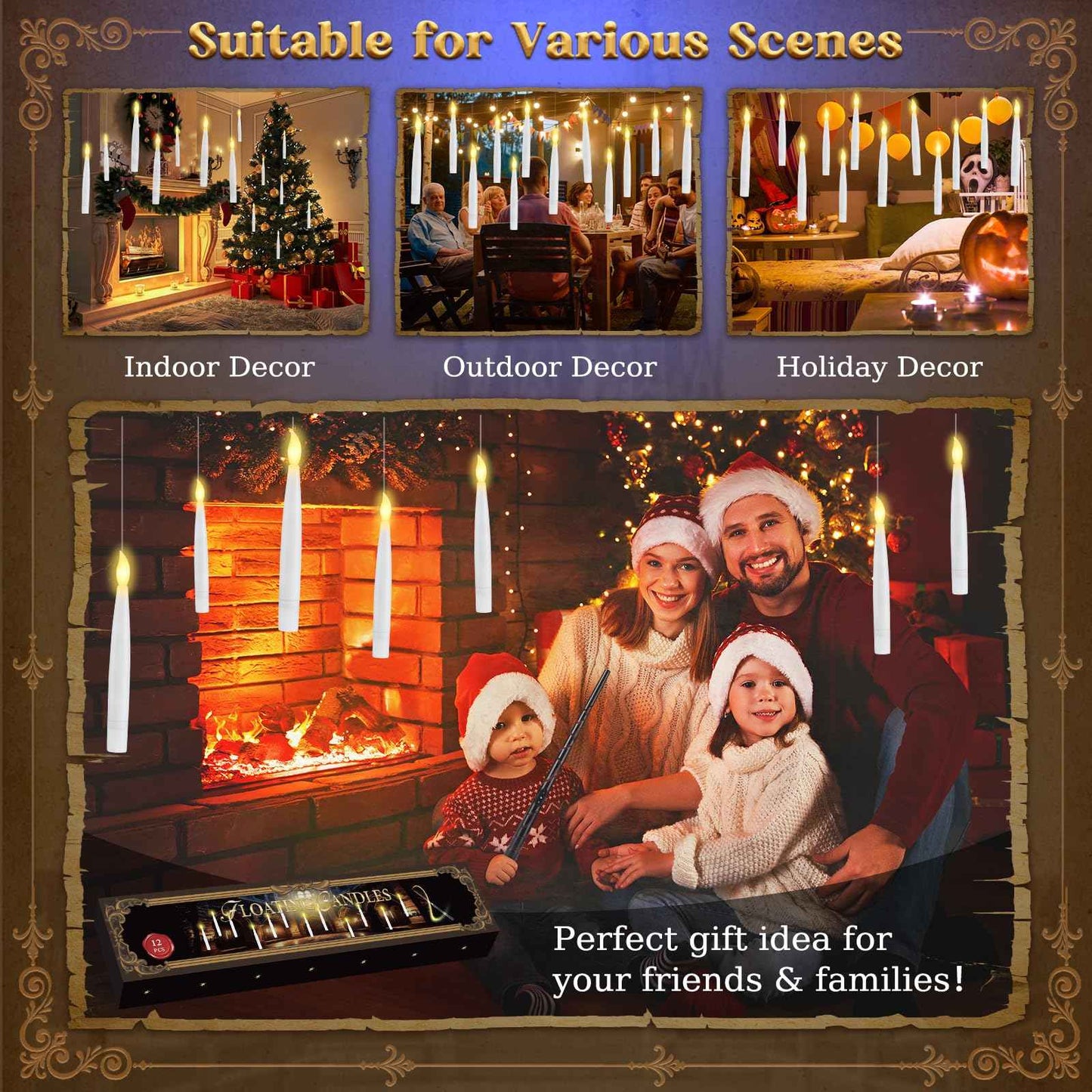 Halloween Decorations - Floating Candles with Wand & 6-Hour Timer - Flameless LED Hanging Candles with Clip, Battery Operated Window Taper Candle for Indoor/Outdoor Halloween & Holiday Decor 12PCS