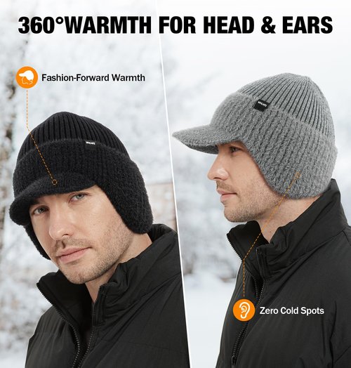 Wmcaps Winter Beanie with Brim and Ear Flaps, Fleece Lined Warm Knit Hat for Men Women Outdoor Thermal Stocking Cap Black