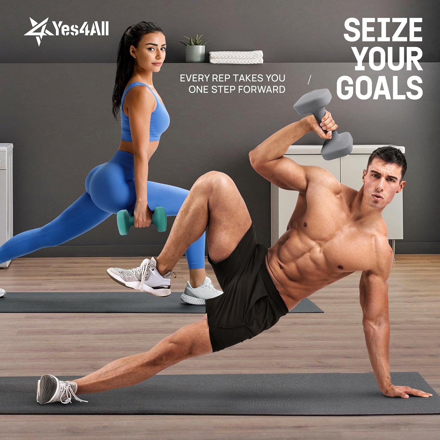 Yes4All Square Neoprene Dumbbell Set - Anti-Roll, Anti-Slip Hand Weights for Home Gym | 2lb - 20lb, 4 Colors