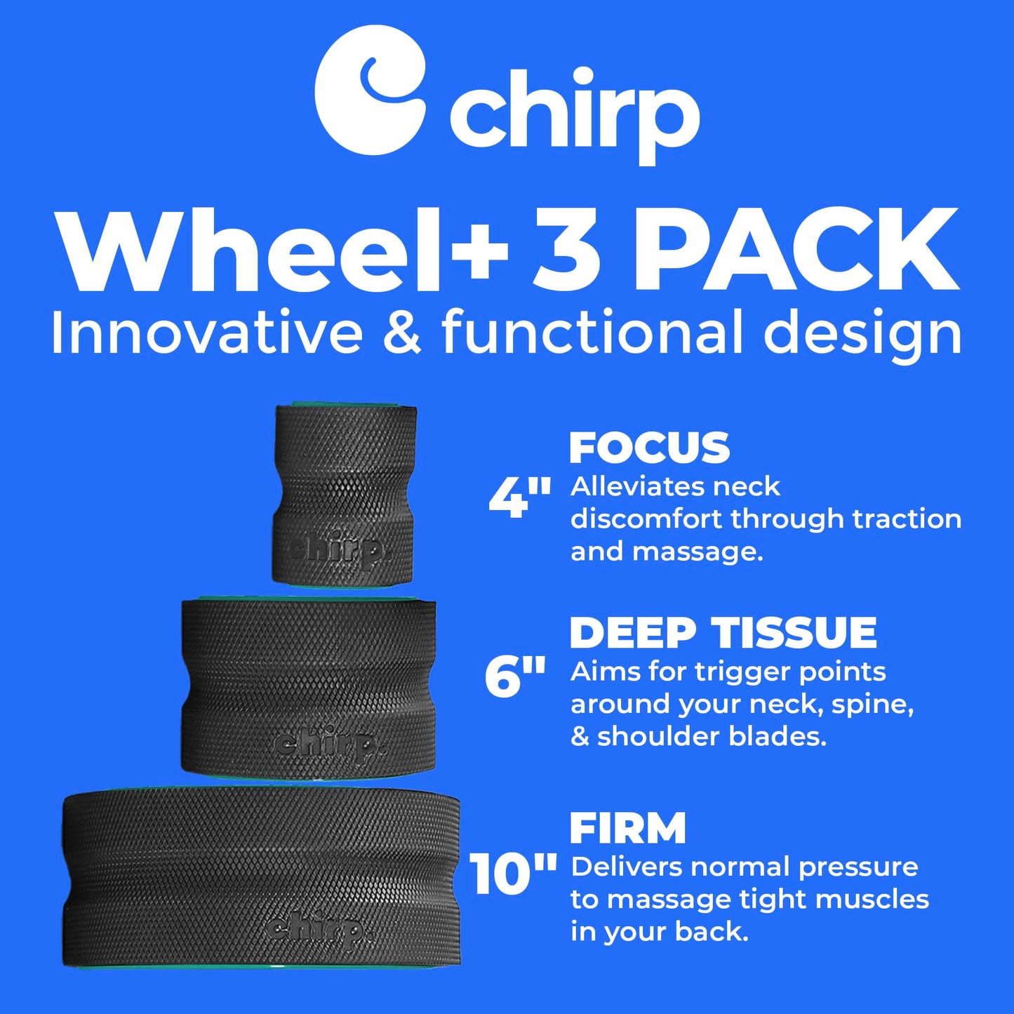 Chirp Wheel Foam Roller – Targeted Back & Neck Relief, Lumbar Spine Stretcher, Spinal Decompression Back Stretcher, Massage Roller with Density Foam for Physical Therapy, Supports 500lbs, 3-Pack Mint