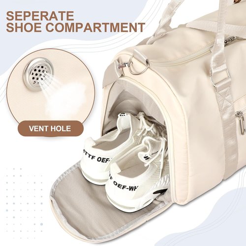FIORETTO Women's Gym Tote Duffle Bag - Wet Pocket & Shoe Compartment | Beige Sports Weekender Bag