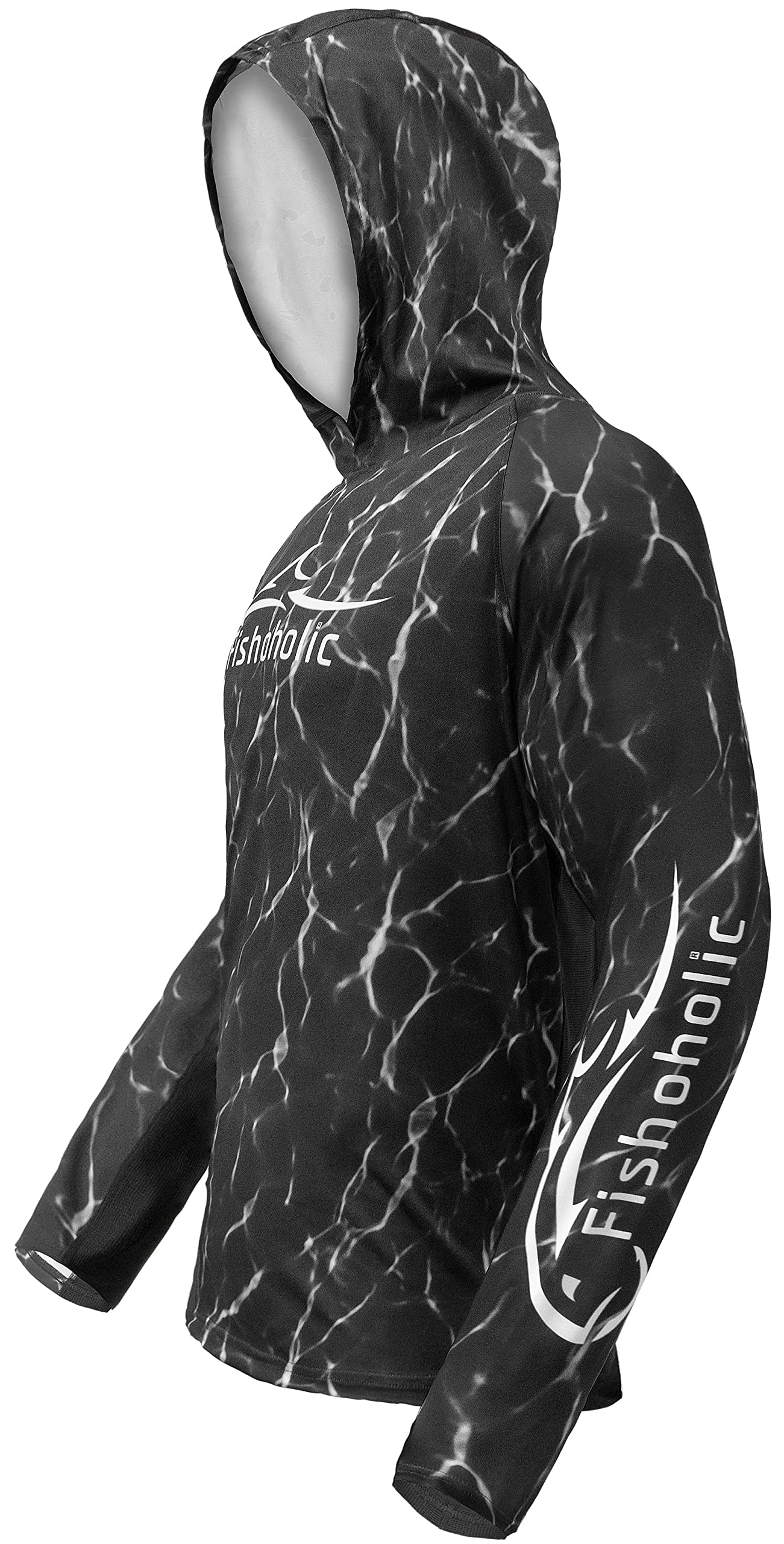 Fishoholic UPF 50 Performance Fishing Shirt - Long Sleeve Hoodie - Loose Keg Fit - Breathable Quick Dry Sun Protection (LSH-BLKh2o-XXL)