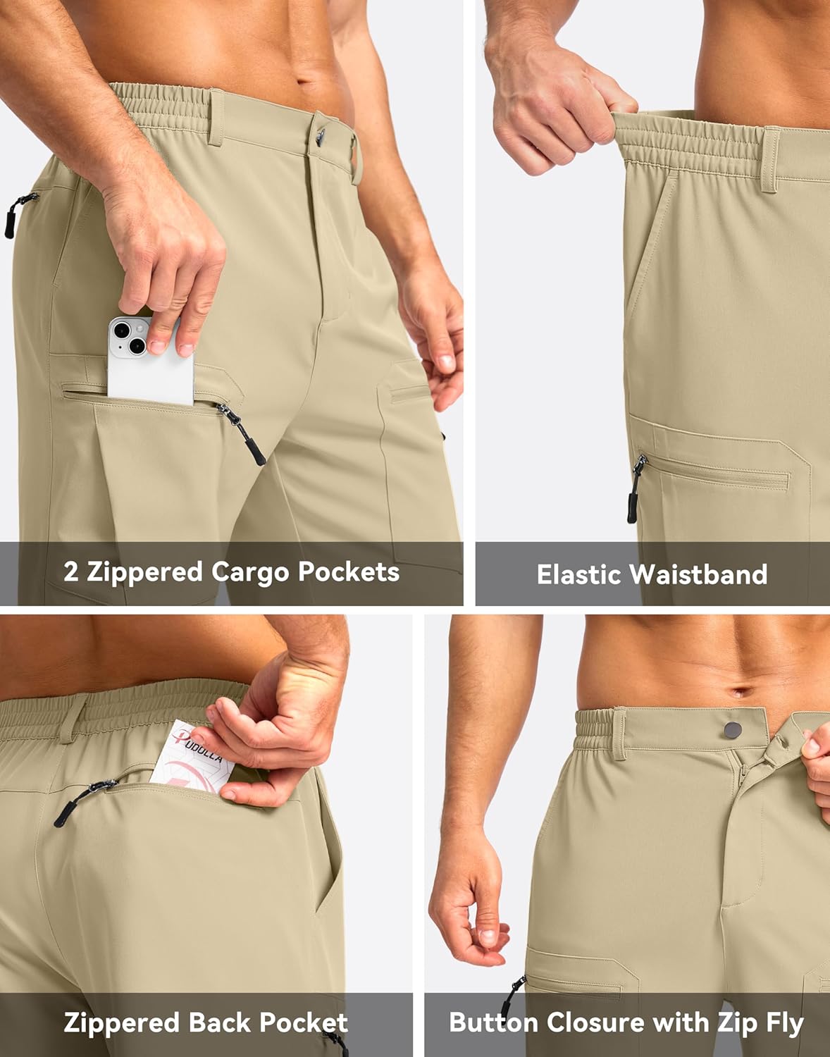 Pudolla Men's Hiking Cargo Shorts - Lightweight 9" Stretch Travel Shorts with 5 Pockets