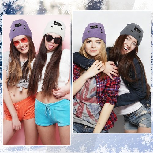 Zhamate Women's Cat Beanie Hats 3 Pack Cute Y2k Cat Lovers Gifts Winter Embroidered Animal Knitted Hats for Women Girls
