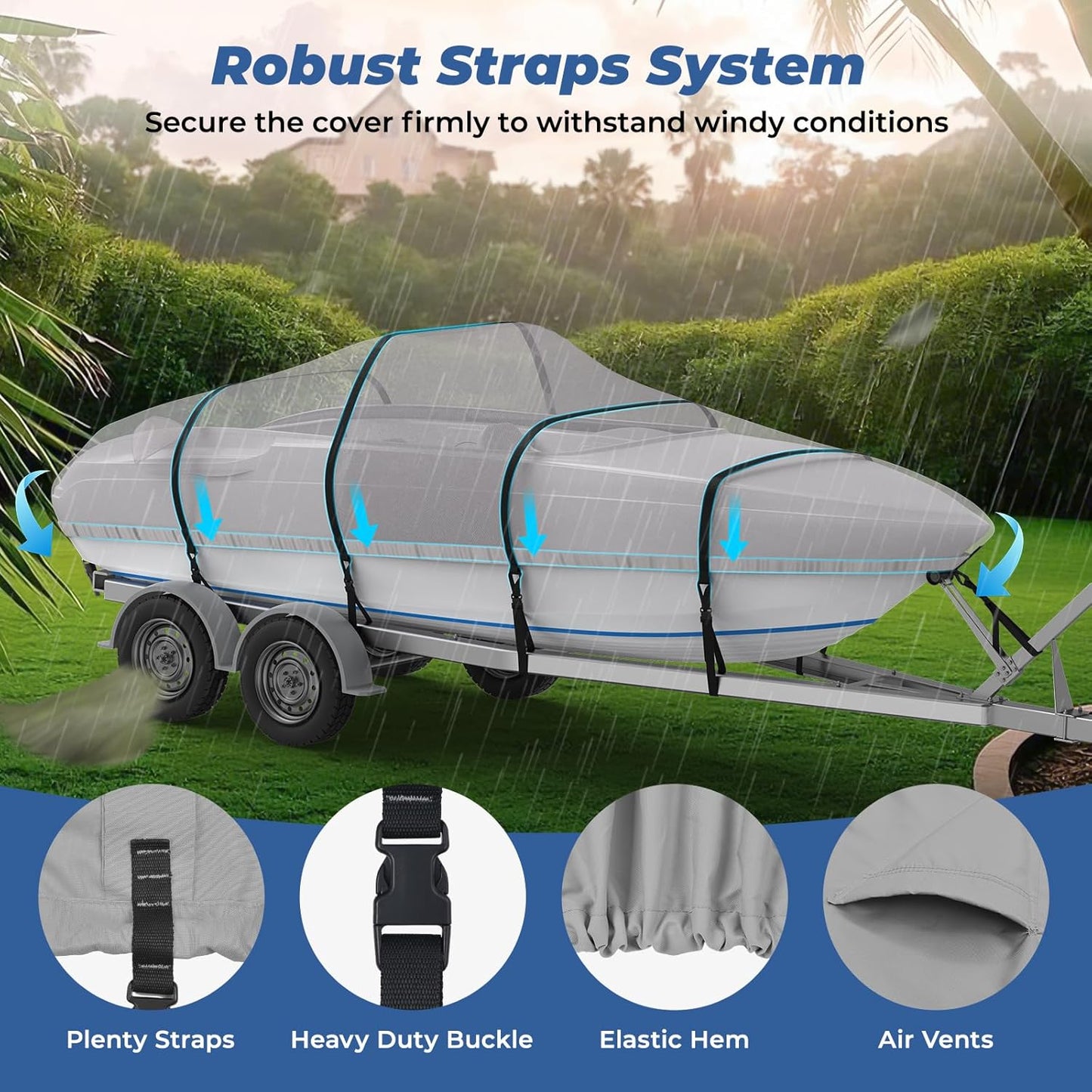RVMasking Waterproof Boat Cover - 16-18.5 ft Heavy Duty Marine Grade Trailerable Cover | Gray with Storage Bag