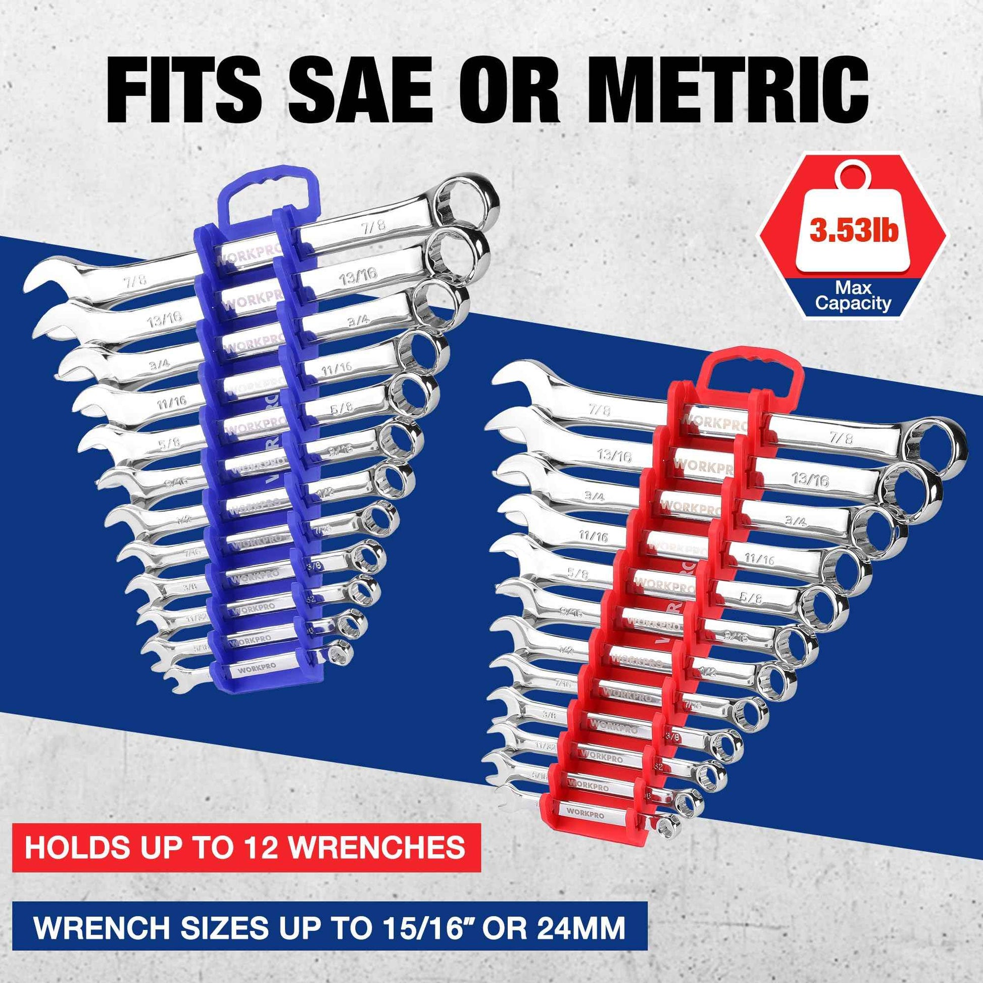 WORKPRO 2-Pack Magnetic Wrench Organizer, 12-Piece Gripper Wrench Holder for Stubby or Line Wrenches, Quality Wrench Rack Fits for SAE (1/4” to 15/16”) and Metric (6mm to 24mm), Flexible Teeth