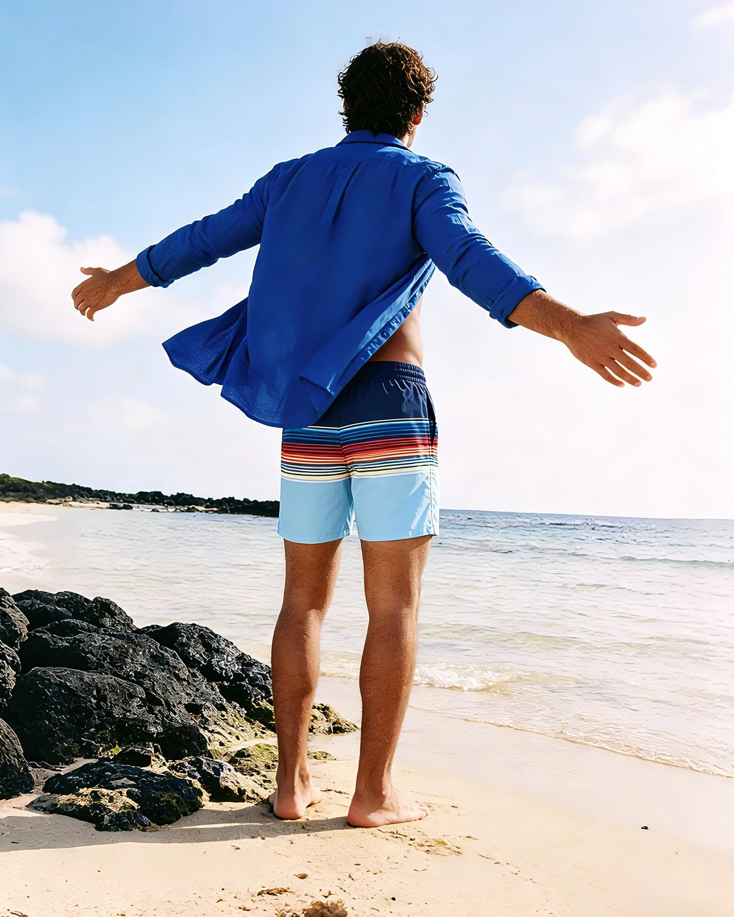 SURF CUZ Mens Swim Trunks with Compression Liner Quick Dry Swim Shorts 7" Swimming Trunks Stretch Zipper Pockets,Colorful Stripes,XXL