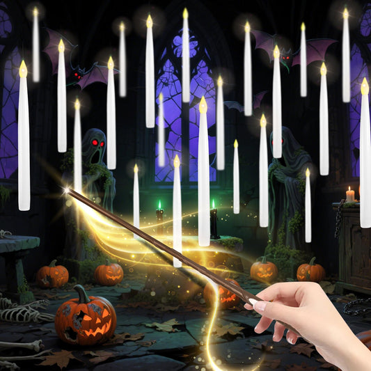 LUSHARBOR Floating Candles with Wand, 10 Pack Halloween Flameless Candles Battery Operated LED Taper Hanging Electric Candle for Christmas Halloween Birthday Party Decor 10.8in