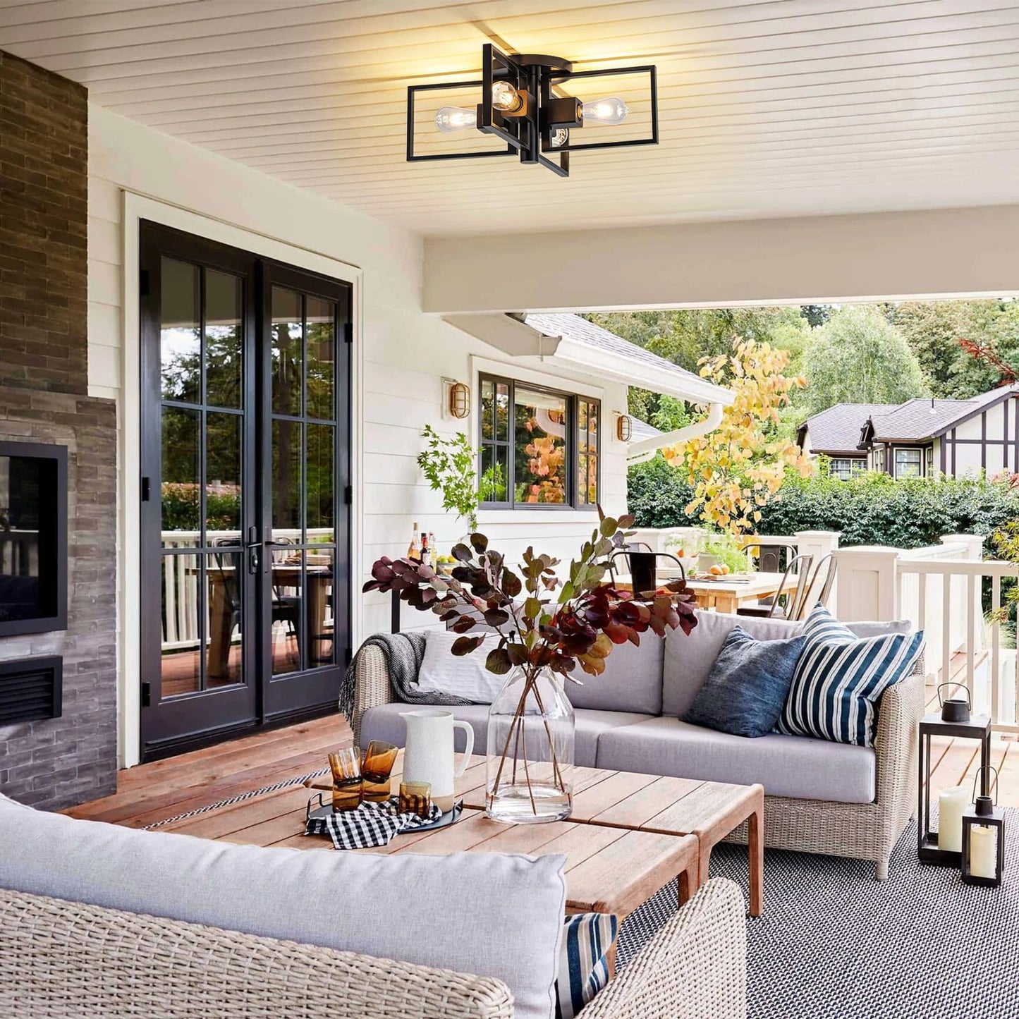 fengkeDU Industrial Ceiling Light Black 4 Light Semi Flush Mount Lights Wood Sputnik Light Fixture 24" Farmhouse Ceiling Light for Kitchen Bedroom Bathroom Foyer Hallway(E26