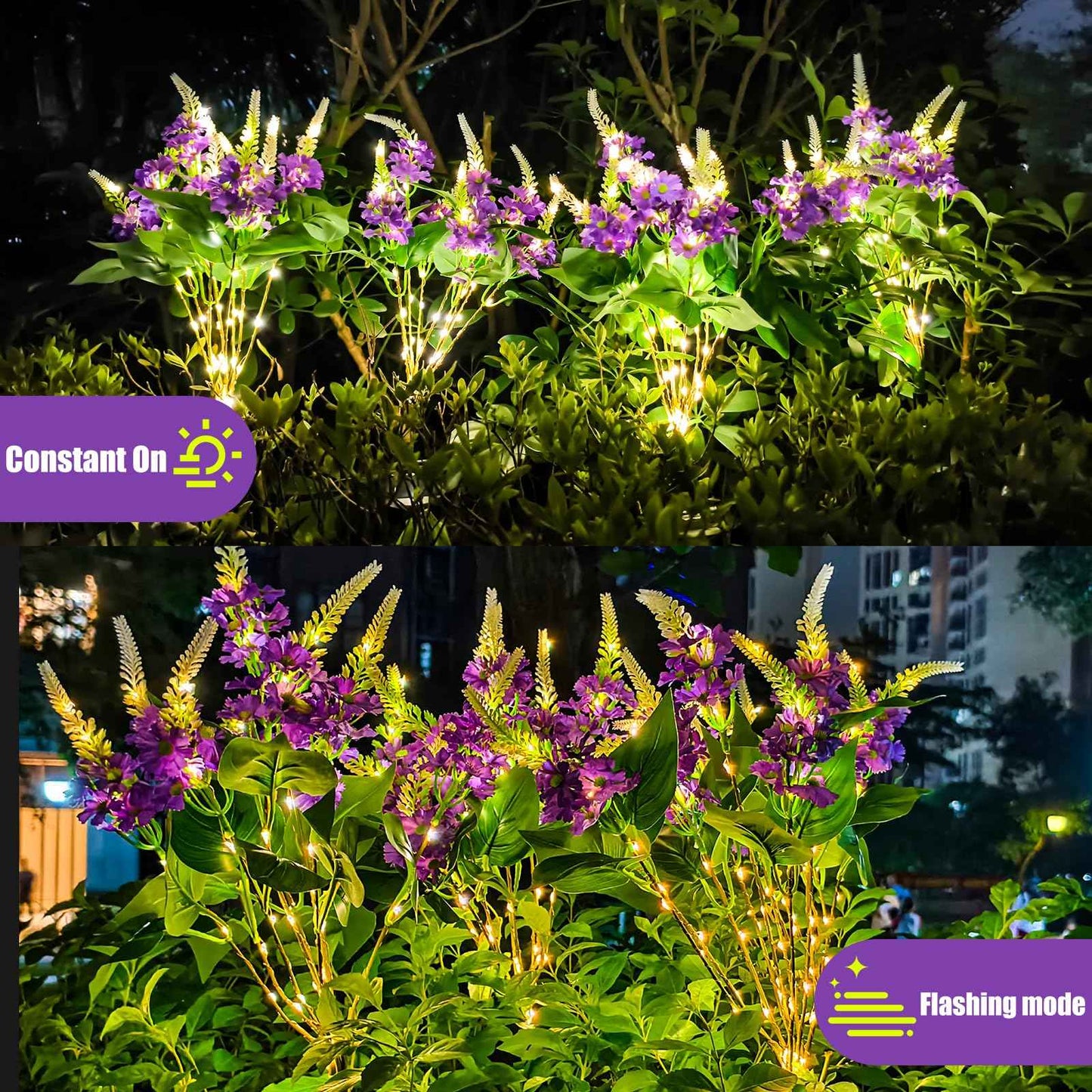 Neporal Solar Flowers Outdoor Waterproof Purple, Lilac Garden Solar Lights Decorative 4PK 8-Stem, 2 Lighting Modes, Solar Powered Garden Decor, Solar Yard Decor