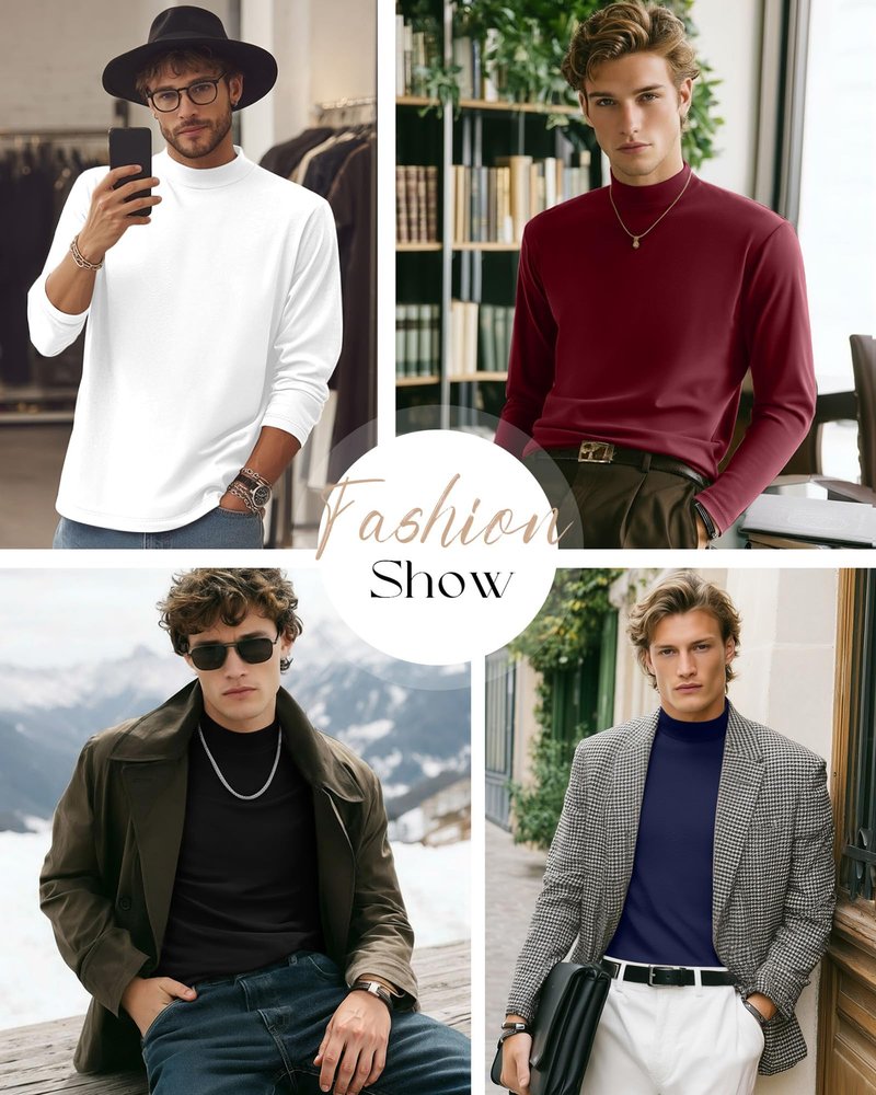 Velvelhall 4 Pack Men's Mock Turtleneck Shirts, Long Sleeves Thermal Pullover Sweater Casual Undershirt Loose Fit Tops(Black, Burgundy, Navy Blue, White,Large)