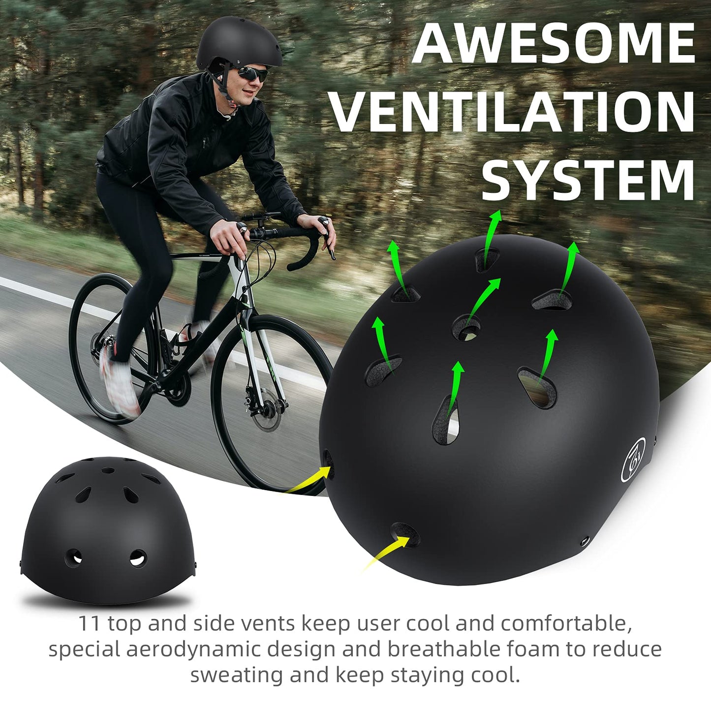 67i Bike Helmet for Adults Scooter Skateboard Helmet Cycling Bicycle Helmets for Men Women Youth Lightweight Adjustable for Multi-Sports Skateboarding with 11 Vents (L, Black)