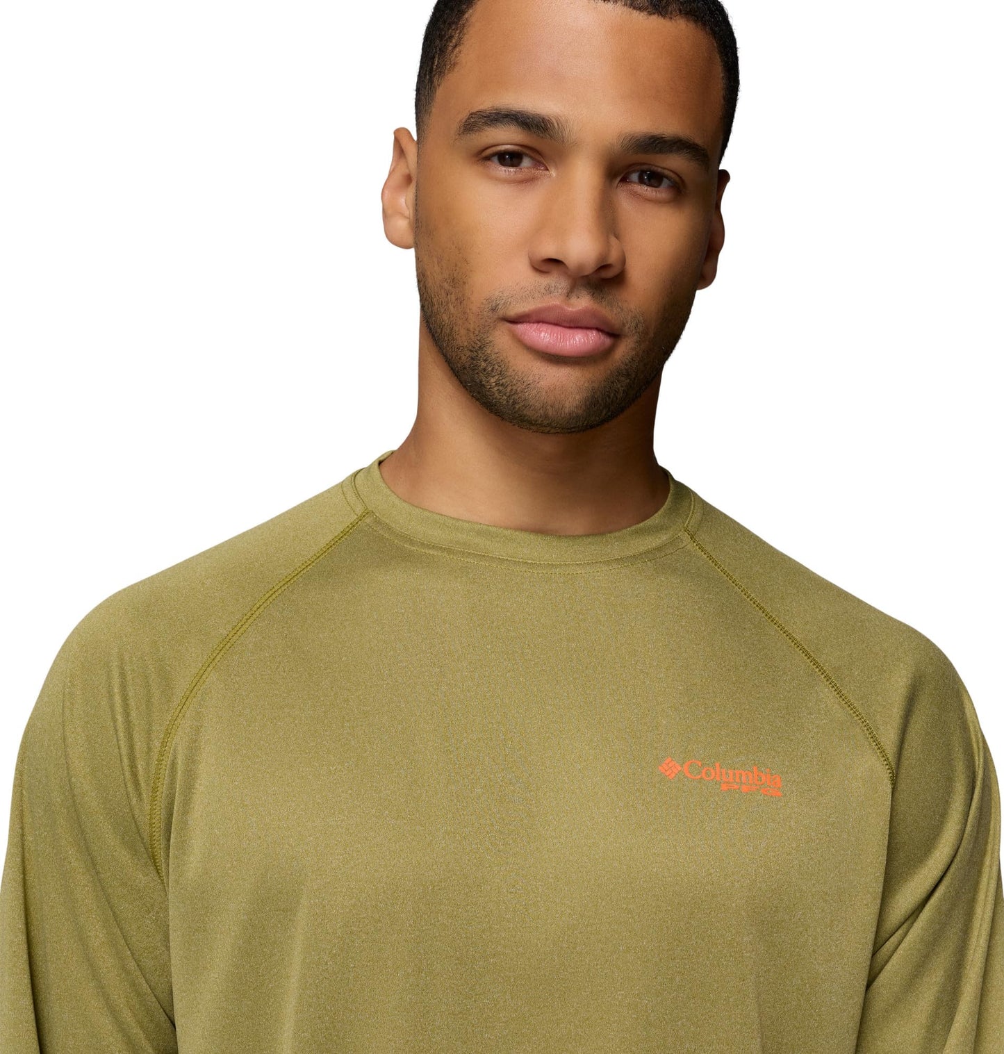 Columbia Men's PFG Terminal Tackle Long Sleeve Fishing Shirt, Grove Green Heather/Spark Orange Logo, 6X