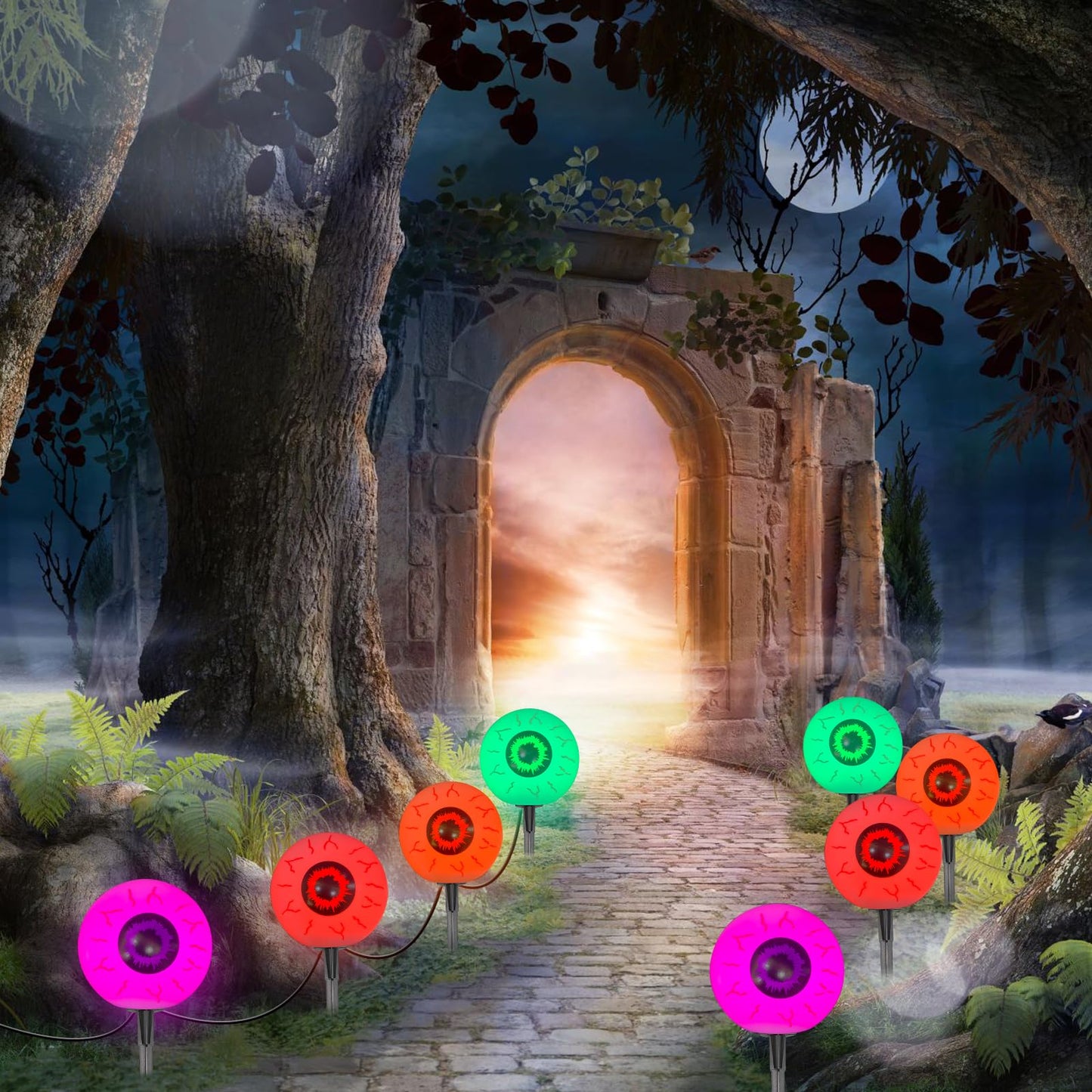 Outdoor Halloween Decorations Pathway Lights, 7Ft Halloween Eyeballs Pathway Markers String Light Waterproof with 4 LED Scary Eyeballs Stakes Lights for Outdoor Walkway Yard Lawn Garden