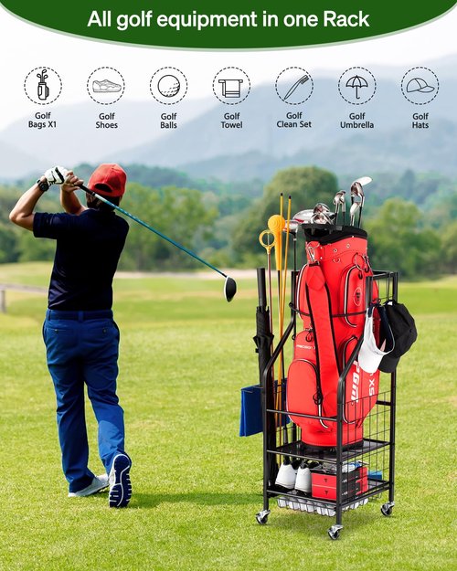 FHXZH Golf Bag Storage Garage Organizer - Golf Bag Stand Fit for 1 Bag, Extra Clubs, Balls, Shoes, and Golf Equipment Accessories, Golf Storage Rack for Garage, Club, Shed