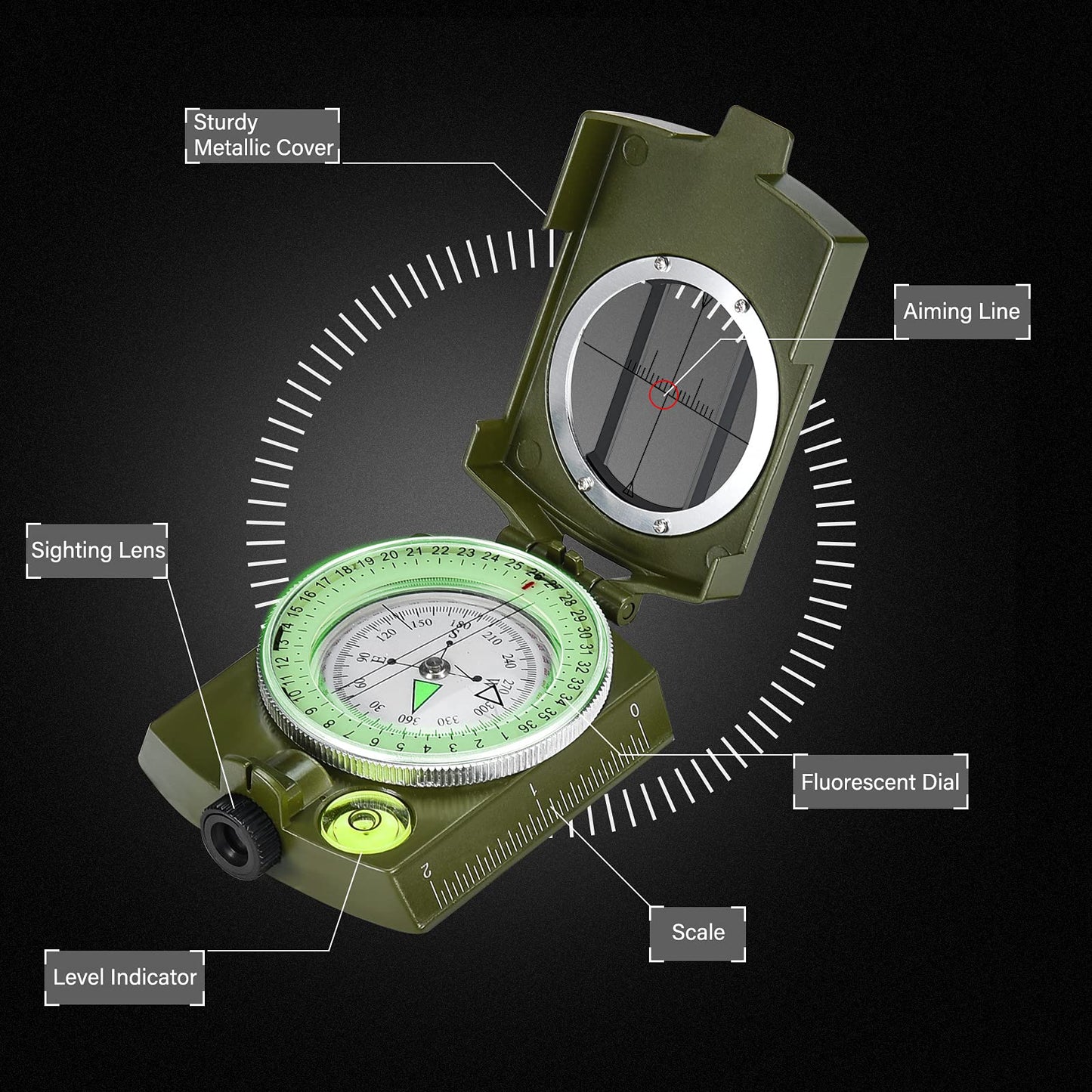 Military Lensatic Sighting Compass Survival with Carrying Bag, Compass for Hiking,Waterproof and Shakeproof, Army Green