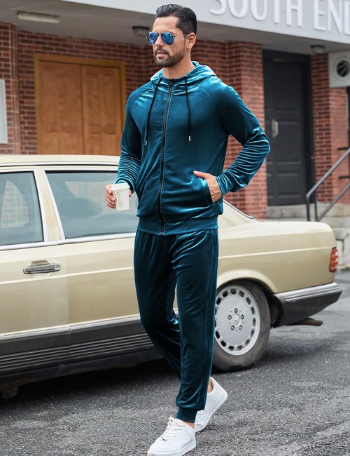 LecGee Men's Autumn Winter Leisure Sports Suit Full Zip Long Sleeve Coat and Running Pant 2 Piece Set(Peacock Blue,X-Large)