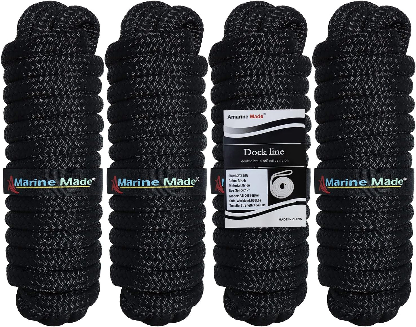 Amarine Made Dock Lines - 1/2” X 15’ Nylon Boat Ropes | 4pcs with 12” Eyelet & 968lbs Load Capacity, Black