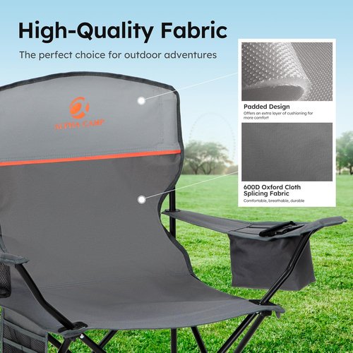 ALPHA CAMP Heavy Duty Camping Chairs - 350LBS Capacity with Cooler Bag & Cup Holder | Portable Black 2PC Set