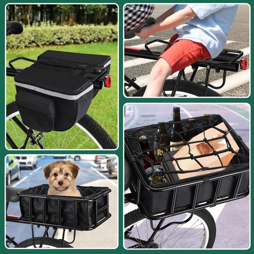 Rear Bike Rack with Basket, 110 LB Capacity Universal Bike Basket Rear, Aluminum Alloy Bike Cargo Rack for Back of Bike with Free Bungee Cord & Waterproof Cover & Installation Tool