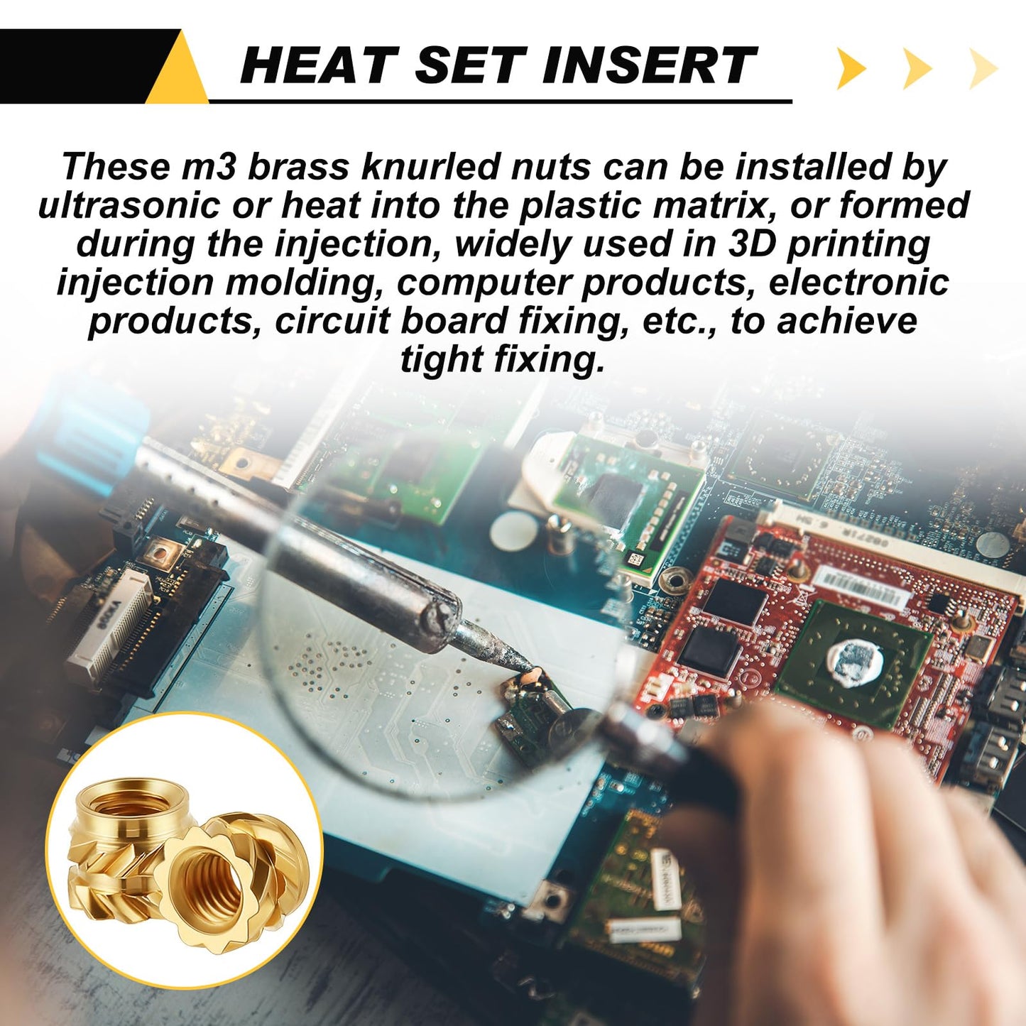 Yaocom 300 Pcs M3 Heat Inserts M3 x D5 x L4 Brass Threaded Inserts 3D Printing Knurled Metric Nuts for Plastic, 3D Printing Components