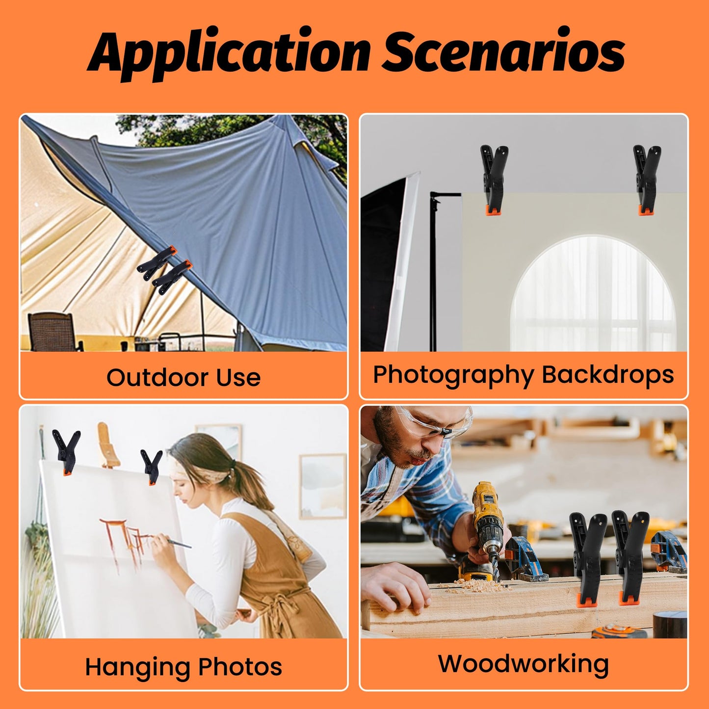 ECY Spring Clamps Heavy Duty 4.5 Inch 10 Pack - Plastic Rust Proof Clamps with Non-Slip Pads for Backdrop, Crafts, Woodworking, Photography | Multipurpose Holders for Tarps, Pool Covers & Gluing