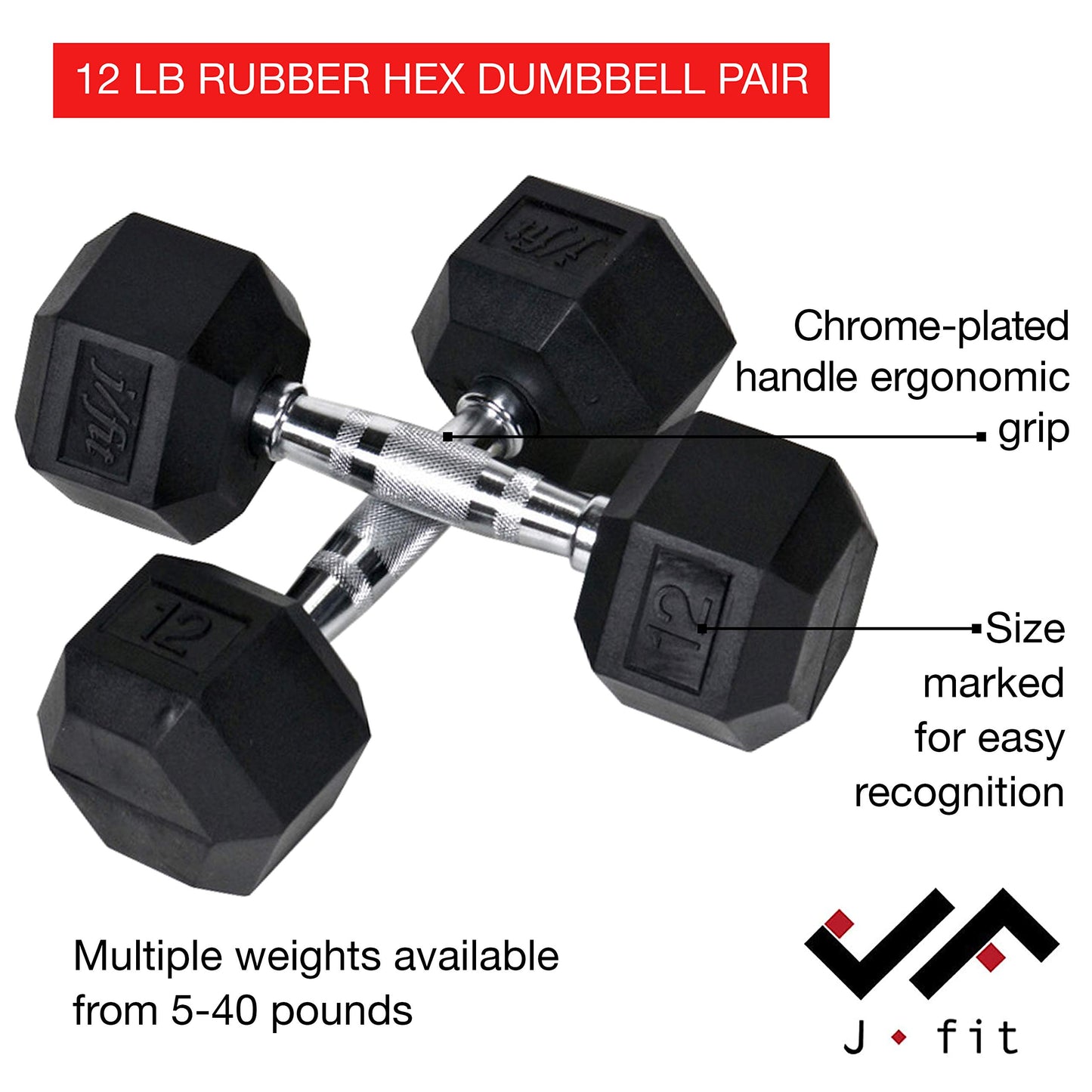 j/fit 15lb Rubber Hex Dumbbells (Pair)