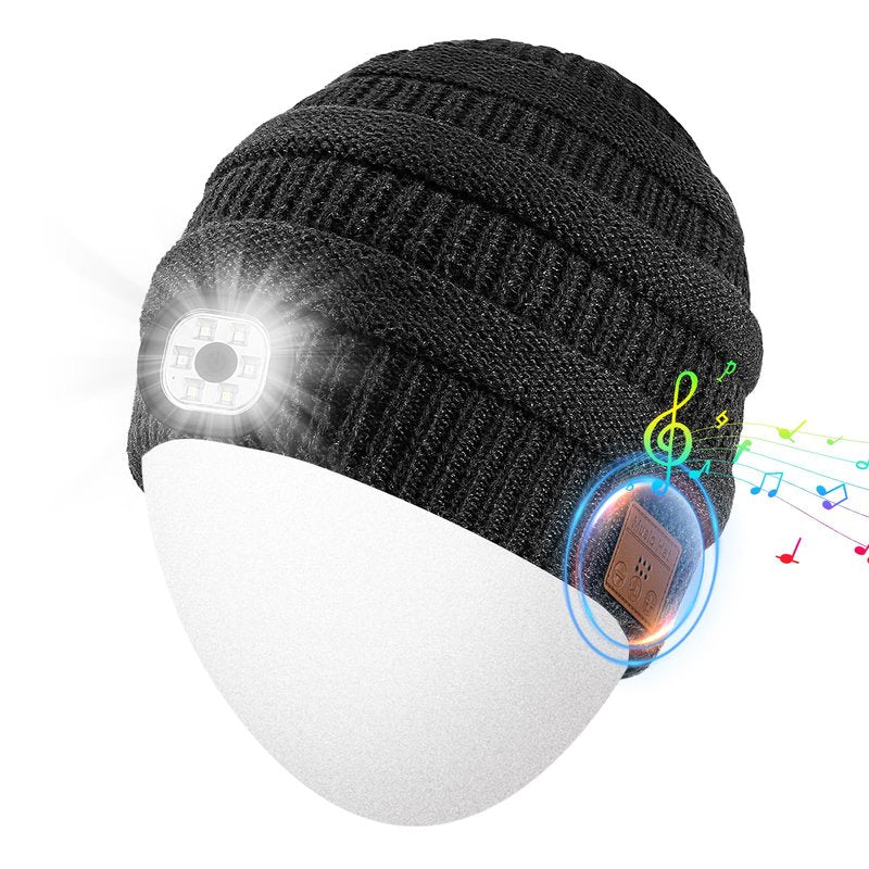 Rotibox Bluetooth Beanie Hat with Light, Music Knit Hat with Headphones for Outdoor Sports,Gifts for Men, Stocking Stuffers for Men