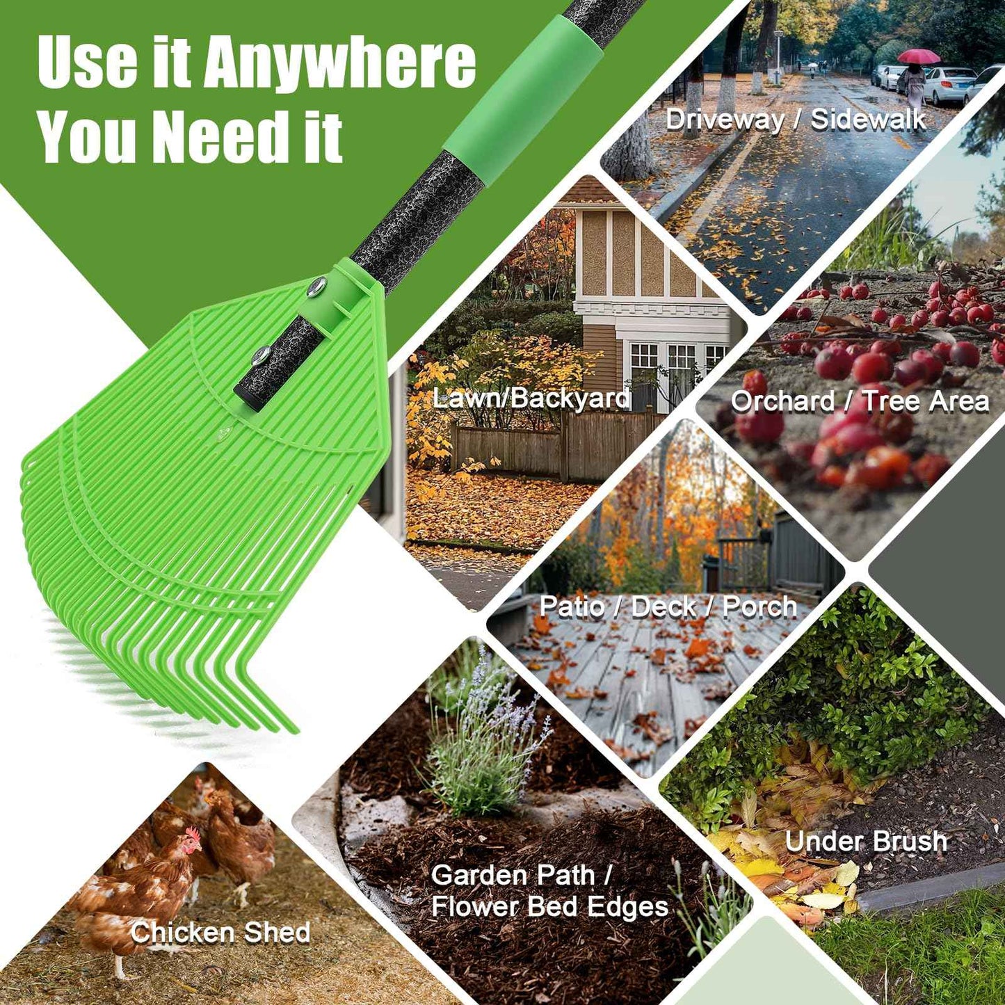 Poly Garden Rake for Leaves - 16.5'' Plastic Leaf Rake for Yard Lawn, 75'' Adjustable Outdoor Heavy Duty Rakes for Sweep Leaves,Grass, Pine Needle,Lightweight Long Handle for Women Seniors Kids