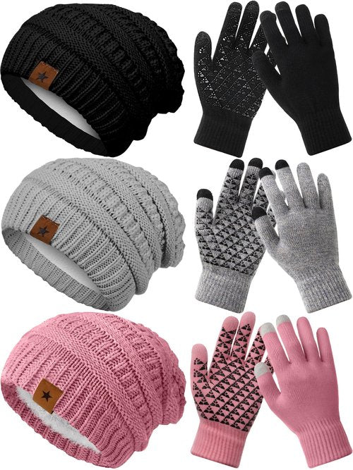JaGely 6 Pcs Women Winter Beanie Hat Gloves Set Warm Knitted Hats and Touchscreen Gloves Lady Cold Winter Gifts for Christmas(No Fur Pom and No Pattern,Black, Grey and Pink)