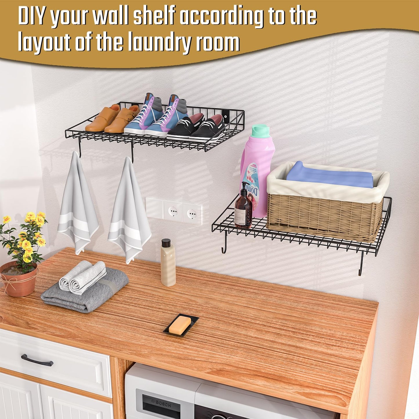 2 Pack Garage Wall Shelf, Garage Wall Mounted Shelving, Heavy Duty Floating Shelves With 4 Hooks, Loads 90 LBS Black Wall Shelves Mesh Storage Rack for Office, Basement, Wall Cabinet and Kitchen