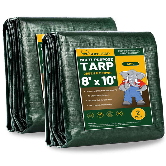 SUNLITAP 2 Pack 8' x 10' Waterproof Tarps, Finished Size Tarp Cover with Grommets Reinforced Edges, 5 MIL Multipurpose Light Duty Tarpaulin for Car, Camping, Boat, Roof, Protective Cover - Green