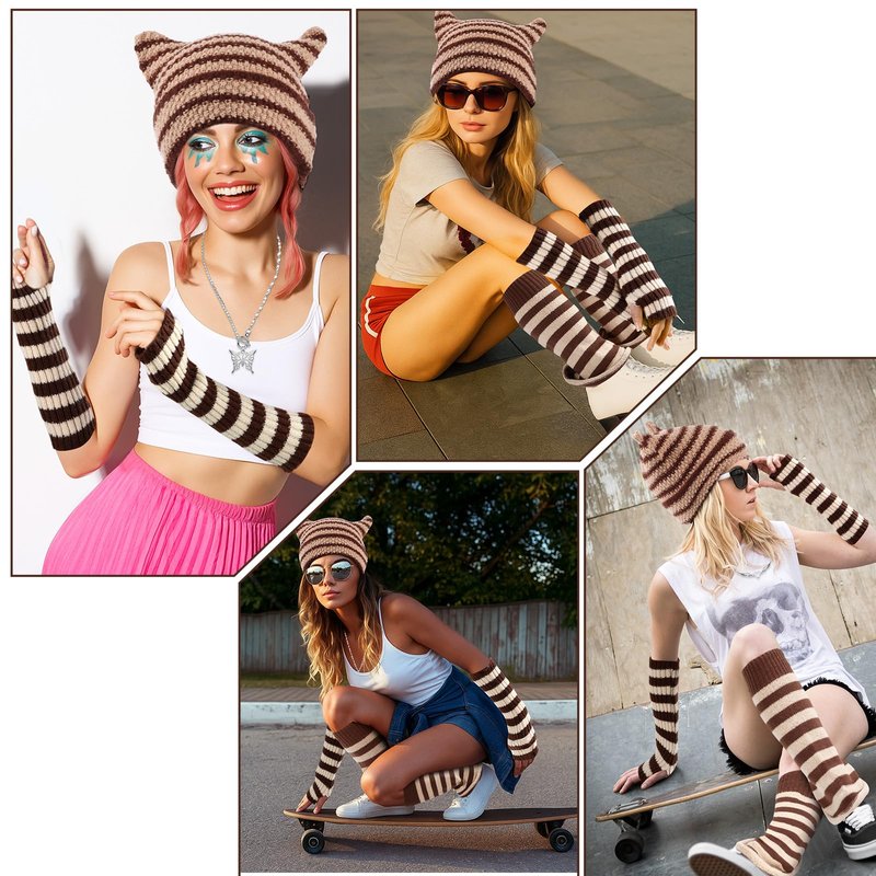 Mepase 8 Pcs Y2k Grunge Cat Beanie with Therian Leg Covers, Emo Gothic Fingerless Knitted Gloves and Necklace