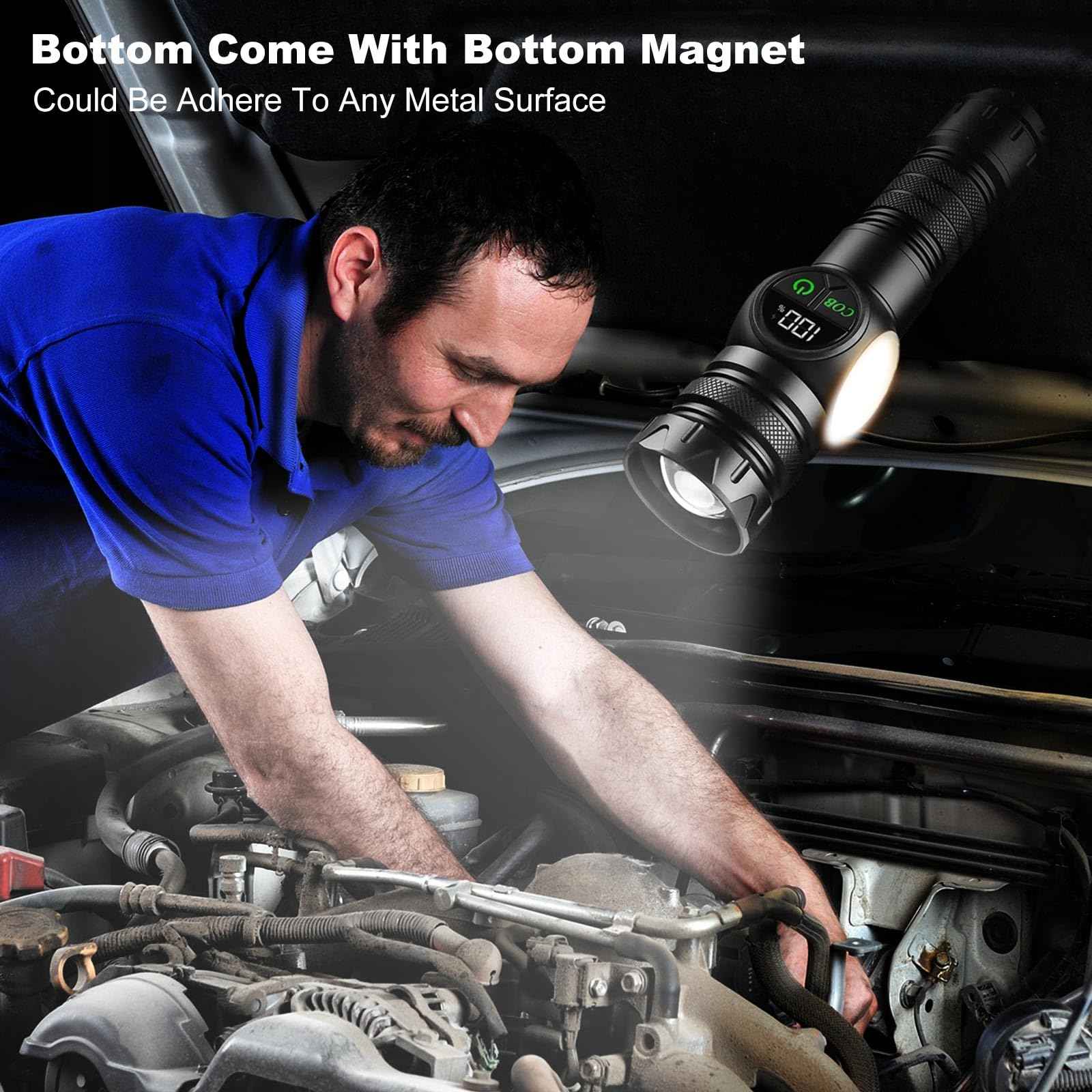 iodoo 3 in 1 Rechargeable Flashlight True 5000 Lumens Outdoor Strong Cob Light, 5000mAh Zoomable Beam LED Flash Light with Magnet Power Failure Emergency Survival Kits Snowstorm (Standard)