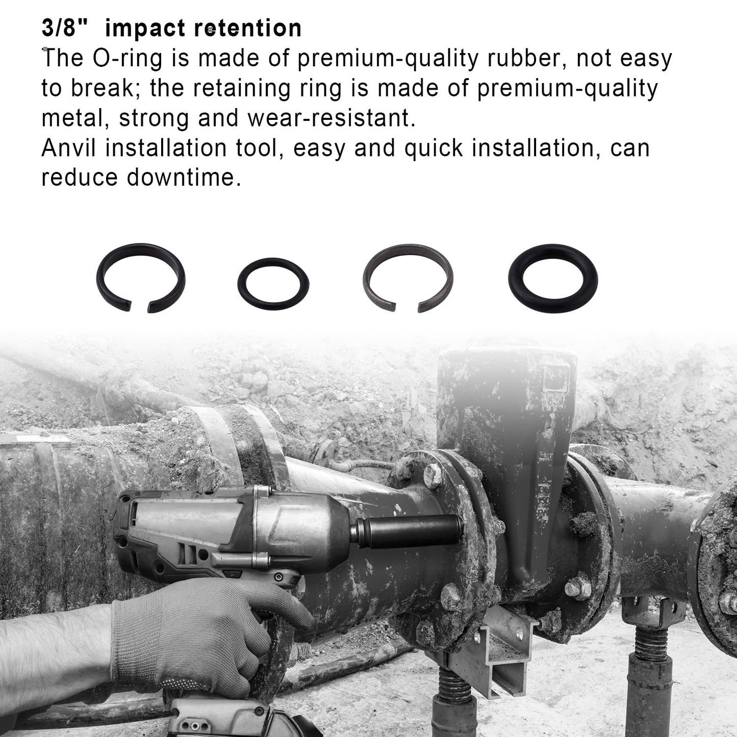 12 Sets 3/8" & 12 Sets 1/2" Impact Retaining Ring Clip Friction Rings with O-Ring, Come with 2 Black Retainer Ring Anvil Install Tools for MIL Electric & Pneumatic Impact Wrench