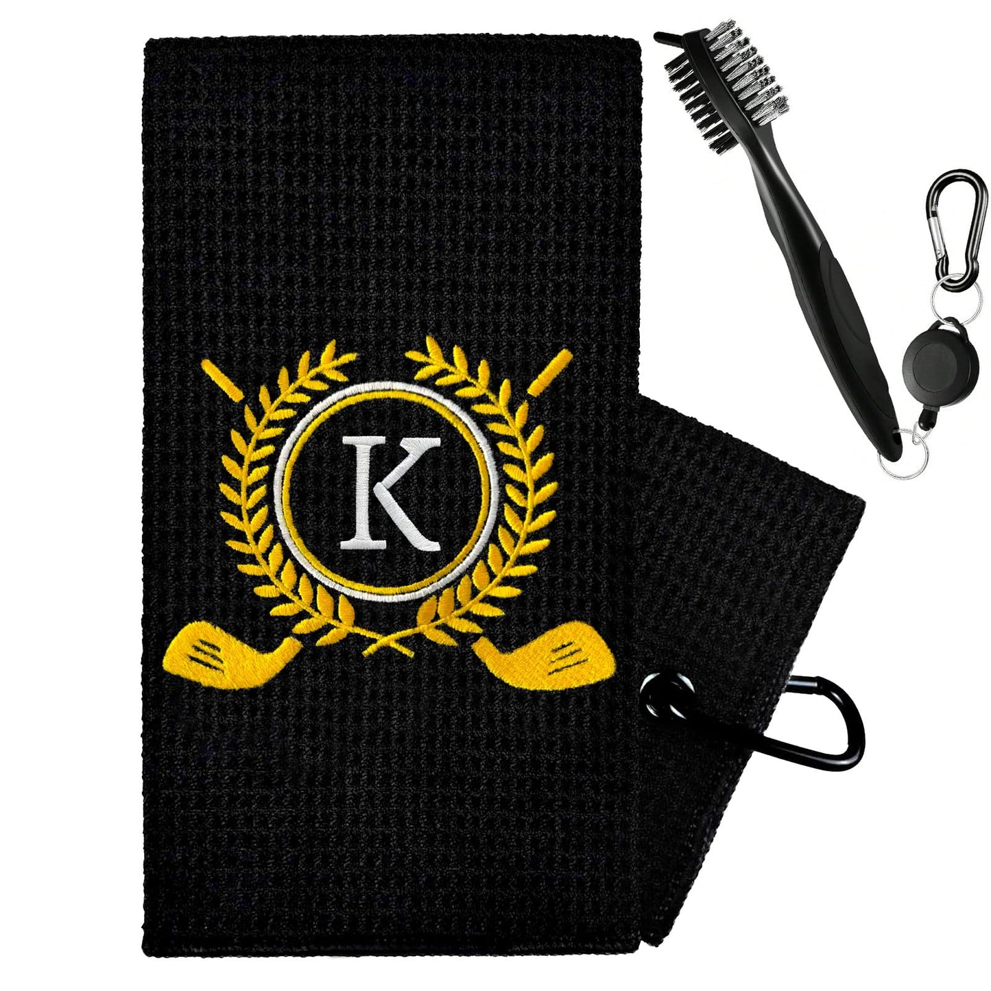 ZGCYSMHT Personalized Golf Towels for Golf Bags - Microfiber Monogrammed Golf Towels for Men/Women, Retractable Brush Tool Kit with Club Groove Cleaner, Custom Golf Accessories for Golfers (Initial K)